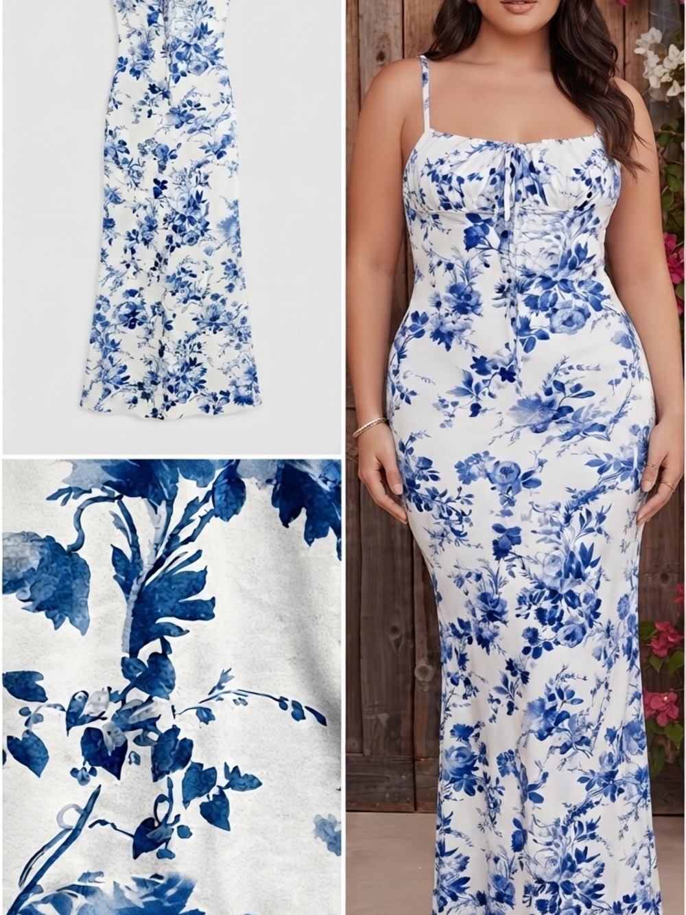 Parthea Floral Bodycon Silky Slip White Blue Summer Maxi Dress L Femme Mermaid